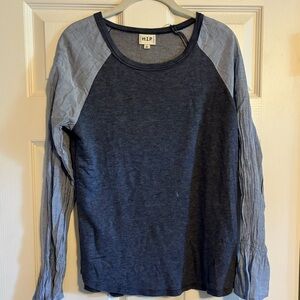 Women’s Blue Long Sleeve Shirt with Striped Sleeves and Rouching Henley